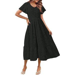 MEROKEETY Women's V Neck Ruffle Sleeve Lace Floral Midi Dress - Summer 2023 Coll